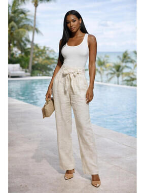Pixie Won’t Play Cream Tie Waist Pants Size M High Waist Paperbag Linen Blend